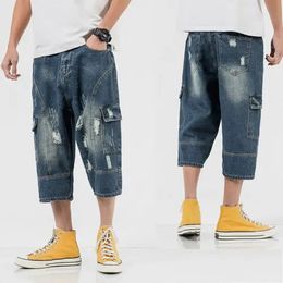 Men 34 Long Pants Denim Ripped Shorts Pockets Short Jeans Vintage 240430