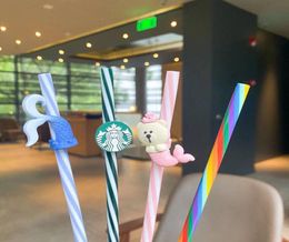 25cm Mermaid Bear Rainbow Straw Reuseable Plastic Straws with Straw Brush and Package 4 Colors for Choice6171898