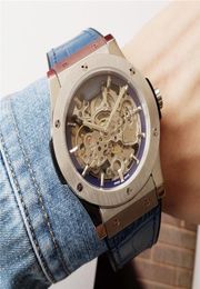 42mm men fashion automatic watch Skeleton mens wristwatch waterproof blue leather band high HD glass sports menes designer watches7753189