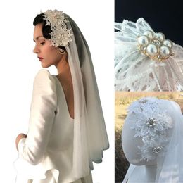 Bridal Veils 2 Tier Vintage Women Wedding Veil Lace Applique Pearl Rhinstones Flower With Fixed Alligator Clips Hoop 243i