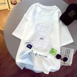 Women Summer Allmatch Embroidered White Loose Oneck Short Sleeve School Tee Shirt Clothes Casual Cartoon Pattern Top 240426