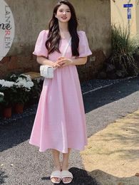Party Dresses LANMREM Fashion Pink Dress For Women Square Collar Short Sleeves High Waist Backless Mid Length 2024 Summer 25257