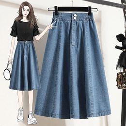 Skirts Fashion High Waist Women Blue Denim Summer Large Size Mid Length Casual All-matched Ladies