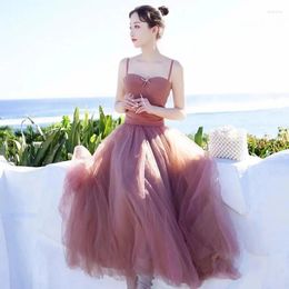 Casual Dresses 2024 Summer Women Spaghetti Puffy Mesh Vintage Big Swing Beach Style Female Ball Gown Dress