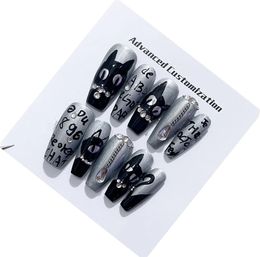 Handmade Press On Nails Black Highend Short Nails with Removable and Elegant and White Design for Classic and NaturalNo29185 240430