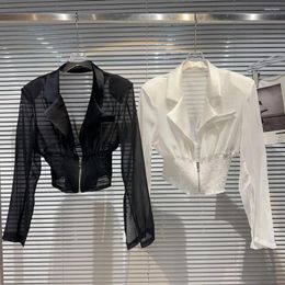 Women's Blouses Summer Temperament Shirt Ladies Perspective Mesh Jacket Slim Elastic Waist Blouse Causal Notched Zipper Coat Trend