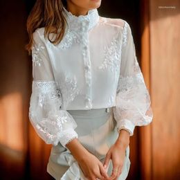 Women's Blouses Stand Collar White Shirt Embroidery Blouse Fashion Lace Mesh Shirts Sweet Lantern Sleeve Tops Women Clothing Blusas Elegant
