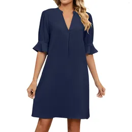 Casual Dresses Women's Fashionable Design Sexy Solid Colour V-neck Loose Gathered Half-sleeve Dress Vestidos Elegantes Feminino Ropa De Mujer