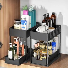 Kitchen Storage 1PC Organisation Under Sink 2 Tier Cupboard Organizer Pantry With 1 Cup And 4 Hanging Hooks