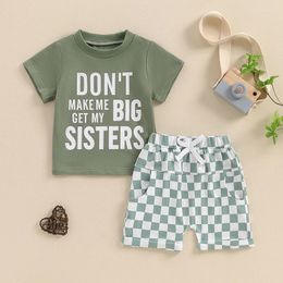 Clothing Sets Toddler Boys Summer Outfits Letter Print Round Neck Short Sleeve Tops And Checkerboard Elastic Waist Shorts 2Pcs Clothes Set