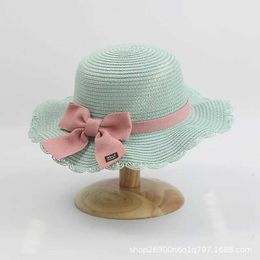 Caps Hats Baby Girl Beach Summer Hat Lotus Leaf Brim Cute Childrens Squeezing Eyes Bow Outdoor Sun Protection Childrens Straw Hat d240509