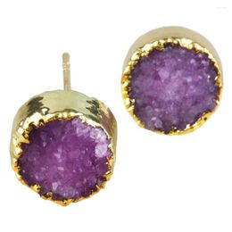 Stud Earrings TUMBEELLUWA Purple Titanium Crystal Quartz Drusy Geode Round Parcel Gold Color Metal Fashion Women Eardop Jewelry