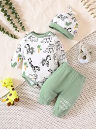 Clothing Sets Spring And Autumn Boys Girls Hats Round Neck Long Sleeves Animal Pattern Romper Pants Set Fashionable Warm