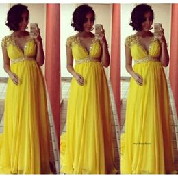 2021 Long Bridesmaid Elegant kväll för gravida kvinnor Cap Sleeve Lace Chiffon Yellow Prom Ocn Dresses 0509
