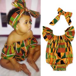 Toddler African Print Off Shoulder RomperHeadband Set Baby Girls Infant Outfits Cute Jumpsuit Hair Band Bodysuits Clothes 240508