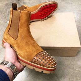 New Red Sole Rivet Square Toe Flock Slip-On Business Short Free Shipping Botas De Hombre Men Boots