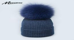 Real Fox Fur pom poms ball Skullies Beanies Keep Warm Winter Hat for Women Child Girl 039s Wool Hat Knitted cap thick female ca5352484