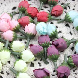 Decorative Flowers 50PCS 1.2CM Head Mini Silk Flower Bud Artificial Tea Roses Buds Heads For Wedding Decoration Favours Groom Boutonniere