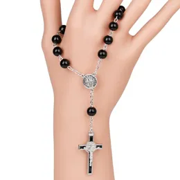Strand 8MM Black Rosary Bracelet For Men Vintage Cross Charm Prayer Glass Beads Chain Bangle Women Christening Party Religious Jewellery