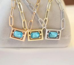 Europe America Fashion Style Necklaces Lady Women Brass Square Pink Green Crystal Engraved Pendant 18K Plated Gold Chain Necklace1786286