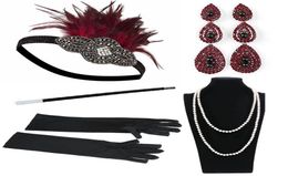 1920 Women039s vintage GATSBY feather headbands Flapper Costume Accessory Cigarette Holder pearl necklace gloves set Hair4205512