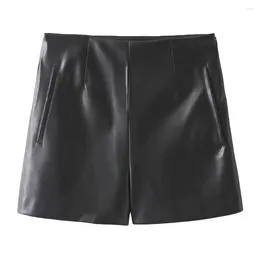 Women's Shorts 2024ZAR Spring/Summer Fashion And Elegance Imitation Leather High Waist Slimming Capris Casual