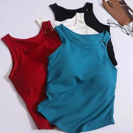 Women's Tanks Women Patchwork Iron Ring Design Crop Top Tank Chic O-neck Casual With Bra Pad Sports Elastic Solid Basic Camis Summer