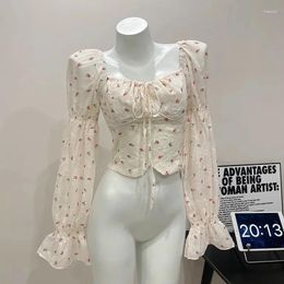 Women's Blouses Women Korean Vintage Mori Girl Shirts Flare Long Sleeve Square Collar Coquette Crop Top Fairy Core Aesthetic Romantic