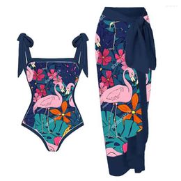 Women's Swimwear Fashion Cover-Up Summer Beach Wear Sexy One-piece Swimsuit Suit Long Skirt Chiffon Print Deep V Bikini