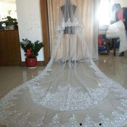 Bridal Veils Real Image Wedding Long Lace Applique Crystals Two Layers Cathedral Length Blusher Veil 2673