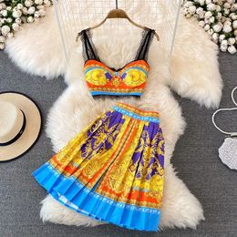 Work Dresses Two Piece Set Summer Suit For Women Printed Crop Top Sexy Suits With Pleated Skirt Plus Size 2XL Boho Holiday Beach Woman
