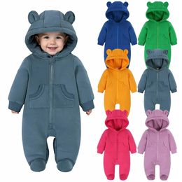 born Baby Winter Warm Romper Solid Pocket Hooded Bear Thick Clothes 0-24M Infant Korean Boy Girl Outfits Bodysuit 240508