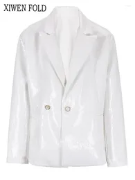 Women's Suits XIWEN White Sequins Shining Big Size Blazer Women Lapel Long Sleeve Loose Fit Jacket Fashion Tide Spring Autumn 2024 XF1883