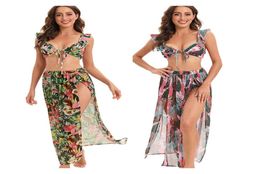 UNLIMON Bathing Suits for Women Three Pieces Sexy Bikini Swimsuit Cover Up Womens Tropical Print Ruffle Plus Size Swim Wear Cover 9983816