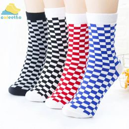 Men's Socks Fashion Geometric Grid Design Harajuku Unique Trendy Cotton Mid Tube Hip Hop Skateboard Streetwear