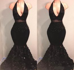 Two Pieces Black Halter Deep VNeck Prom Dresses 2019 Sleeveless Mermaid Ruffles Backless Formal Party Evening Dresses Gowns4132364