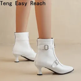 Boots Fashion Belt Buckle Ankle For Women Casual Low Heels Pointed Toe White Women's Short Shoes Lady Large Size 43