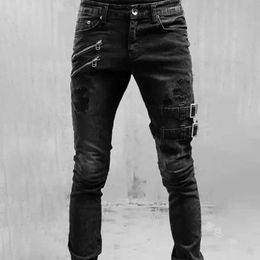 Jeans maschile cracked cracked gothic con cerniera pantaloni in denim hip-hop gamba conica gamba slim fit jeans maschile motociclista in difficoltà Q240509