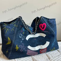 Vintage Blue Denim Graffiti Moon Star Heart Croissant Underarm Shopping Bags Large Capacity Drawstring Silver Chain Shoulder Handbags XL Airport Luggage 44x28cm