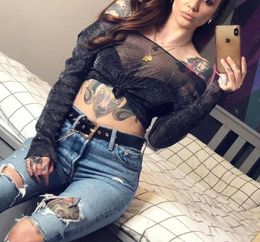 New Style Women039s TShirts Sexy Sheer Mesh Sequin Casual Crop Vest Top See Through Long Sleeve Summer TShirt Fashion 2018374157