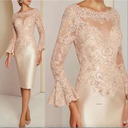 Elegant Appliuqed Lace Mother Of The Bride Dresses Sheer Neck Long Sleeves Knee Length Short Women Evening Party Gowns Sheath Wedding Guest Dress Plus Size 0509