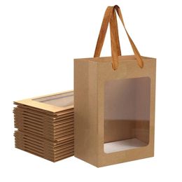 10 pieces of kraft paper gift bags with transparent windows bouquet gift bags with handles used for gift packaging party gift bags 240424
