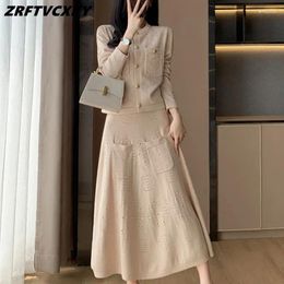 Work Dresses High-End Hollow Out Knitted Two Piece Set For Women Designer Single Breasting Pocket Top Midi Skirt Casual Sweater 2