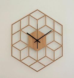 1 Pcs Hexagon Wood Wall Clock European Minimalist Geometric Lines Exquisite Artistic Silently Clock for Cafe Home Living Room Deco5966205