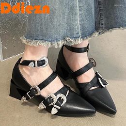 Dress Shoes Fashion Women Pumps Heeled Female Pointed Toe Footwear 2024 Metal Spring Autumn Ankle Buckle Ladies Square Heels