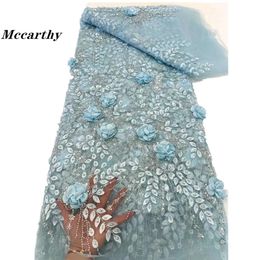 High Quality Elegant French Mesh Embroidery Tulle 3D Flower Beads Fabric African Nigerian Lace Fabric For Wedding Party Dress 240508