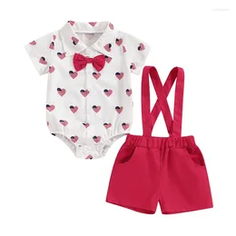 Clothing Sets Toddler Boy Gentleman Outfit Patriotic Heart Print Button Romper With Bow Tie And Suspender Shorts Set For Formal Wear
