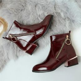 Boots Fashion Pu Patent Leather Ankle Booties 2024 Woman Blue Black Wine Red Zipper Medium Chunky Heels Ladies Shoes Plus Size