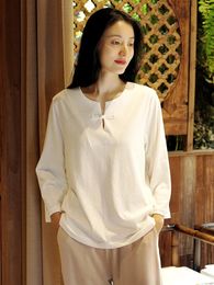 Women's T Shirts LZJN Half Collar Chinese Button Loose With Solid Colour Cotton Casual Seven-point Sleeve T-shirt