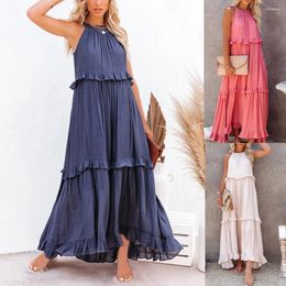 Casual Dresses SKMY O-Neck Sleeveless Ruffles Long Bohemain Solid Color Beach Wear Loose Dress 2024 Summer Clothes For Women